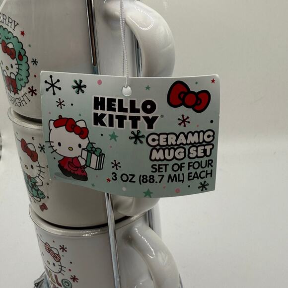 NEW Hello Kitty Holiday Ceramic Mug Tower Set of 4 Espresso 3oz Cups - Picture 6 of 7